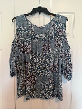 Boho Patchwork Floral Cold-Shoulder Top - Blue